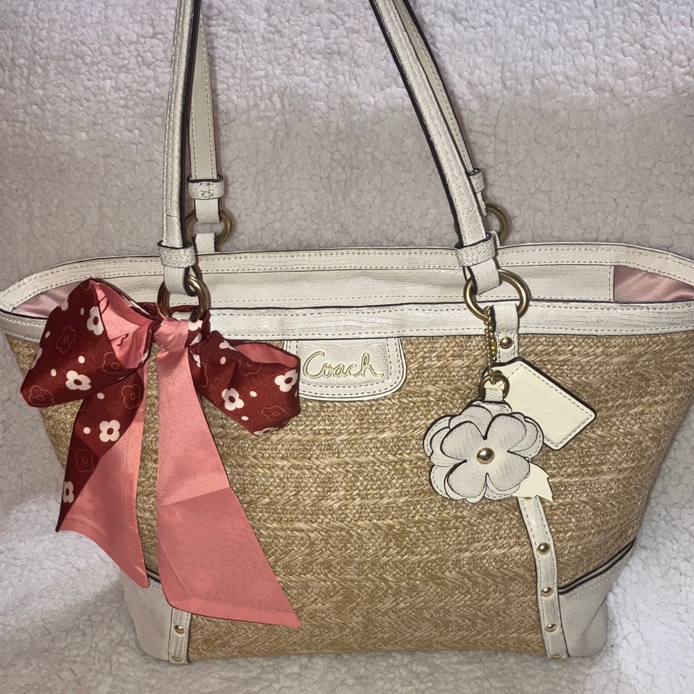 Coach Alexandra Straw python leather trimmed Tote… - image 14